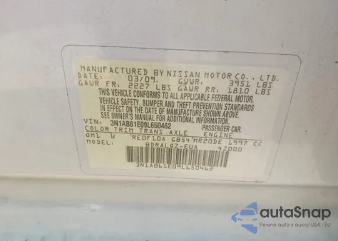 2009 Nissan Sentra 2.0 z USA, uszkodzony, nr VIN 3N1AB61E09L650462